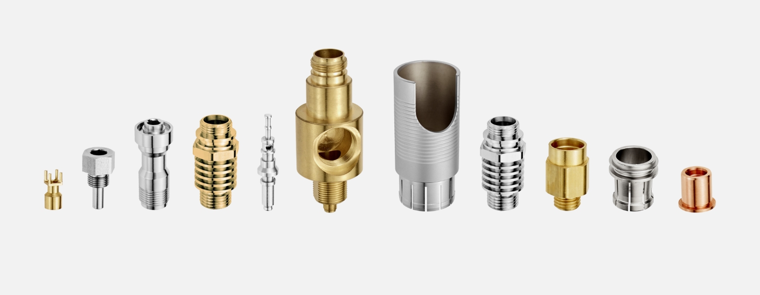 Maching parts produced on Multi-spindle CNC lathes using a combination of CNC turning, CNC milling, and CNC drilling techniques.