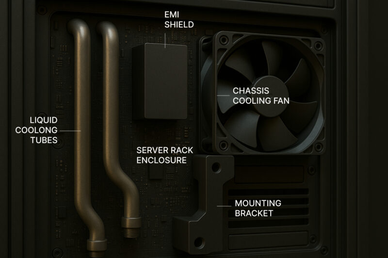 Annotated server wall showing CNC parts such as liquid cooling tubes, EMI shield, mounting bracket, and fan assembly.